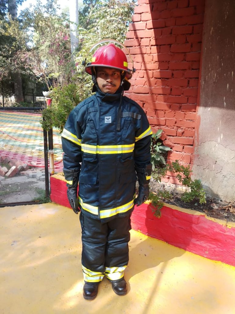 Fire sub officer course student in fire suit at NAFS Jabalpur