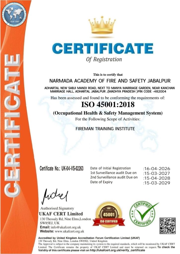 NAFS Jabalpur ISO 45001:2018 certificate of registration issued by UKAF CERT
