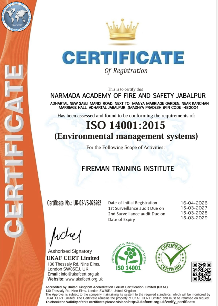 NAFS Jabalpur ISO 14001:2015 certificate of registration issued by UKAF CERT